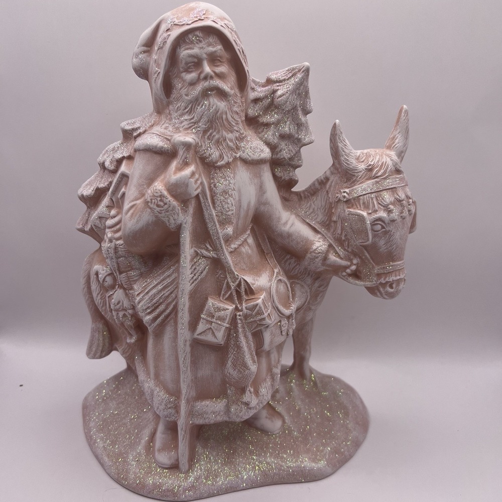 Terracotta Santa Figurine Christmas Tree and Donkey White Washed & Glitter 9.5"